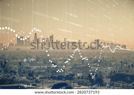 Data theme hologram drawing on city view with skyscrapers background multi exposure. Bigdata concept.