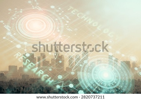 Data theme hologram drawing on city view with skyscrapers background multi exposure. Bigdata concept.