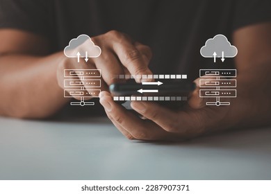 Data transfer and Cloud computing concept, internet server connection. Hand touch on mobile smartphone to transfer data to a server or hosting service. File sharing isometric. Storage or Backup data. - Powered by Shutterstock