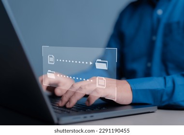 Data Transfer concept. FTP (File Transfer Protocol) files receiver and labtop computer backup. Copy or sharing concept with virtual interfaces. Digital system for transferring documents files online.
