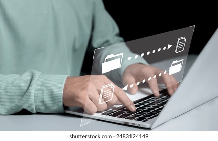 Data Transfer concept. FTP (File Transfer Protocol) files receiver and labtop computer backup. Copy or sharing concept with virtual interfaces. Digital system for transferring documents files online.