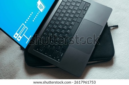 Data Transfer concept. FTP, File Transfer Protocol, files receiver and computer backup copy. Digital system for transferring documents and files online.