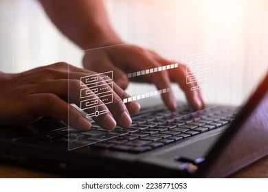 Data transfer concept. FTP(File Transfer Protocol). Transfer data to a server or hosting service. File sharing isometric. internet server connection. Person hand typing on keyboard of laptop computer.