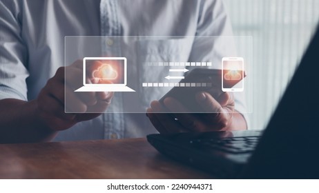 Data transfer concept. FTP(File Transfer Protocol). Transfer data to a device or cloud service. File sharing isometric. Live streaming backup download computing digital transferring. Data backup.