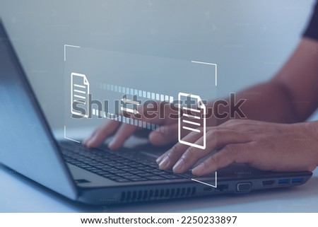 Data Transfer concept. FTP(File Transfer Protocol) files receiver and computer backup copy. File sharing isometric. Digital system for transferring documents and files online. Businessman using laptop