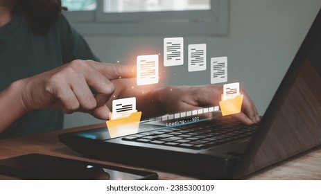 Data Transfer concept. Hand touch on documents for migration on cloud hosting internet by FTP Protocol technology. Virtual transmission syncs between folders, Business people file sharing isometric.