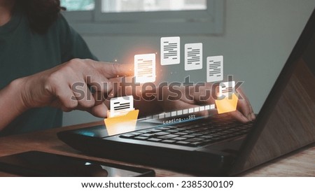Data Transfer concept. Hand touch on documents for migration on cloud hosting internet by FTP Protocol technology. Virtual transmission syncs between folders, Business people file sharing isometric.