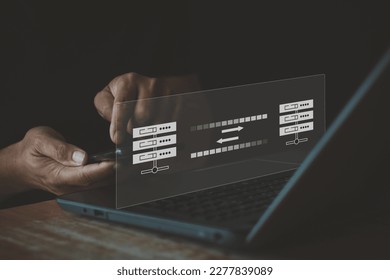 Data transfer concept, internet server connection.  FTP(File Transfer Protocol). Transfer data to a server or hosting service. File sharing isometric.