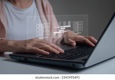 data transfer concept, internet server connection. Businessman hand using laptop computer with data host server storage icon for information exchange and transfer files. concept on the virtual screen. - Powered by Shutterstock - Get 15% off with code: PIKWIZARD15