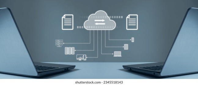Data transfer concept, internet server connection. Two computers exchanging files through cloud server. Cloud technology. Data storage. Networking and internet service concept. File sharing isometric.