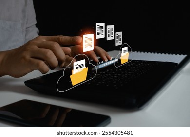 Data transfer, transfer file of data between folders, backup data, exchange of file on folder, DMS. Hand touch on document for send of document on internet. Virtual document loading to another folder.