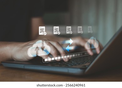 Data transfer technology concept. Cloud backup data download management, Exchange file copy, DMS loading. FTP(File Transfer Protocol) files recovery computer backup. Transfer document to data folder.