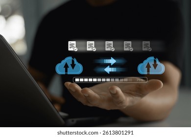 Data transfer technology concept. Cloud backup data download management, Exchange file copy, DMS loading. FTP(File Transfer Protocol) file recovery computer backup. Transfer document to data folder.
