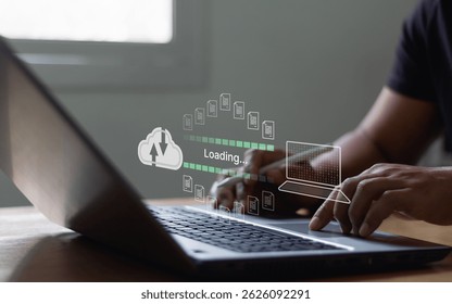 Data transfer technology concept. Cloud backup data download management, Exchange file copy, DMS loading. FTP(File Transfer Protocol) files recovery computer backup. Transfer document to data folder.