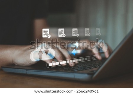 Data transfer technology concept. Cloud backup data download management, Exchange file copy, DMS loading. FTP(File Transfer Protocol) files recovery computer backup. Transfer document to data folder.
