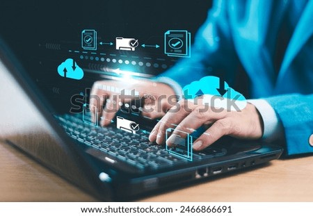 Data transfer technology concept. FTP(File Transfer Protocol) files recovery computer backup. Transfer document of data folder. Cloud backup data download management, Exchange file copy, DMS loading