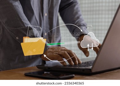 Data transfer through cloud technology Exchange data with modern internet technology that is fast and secure Internal document backup on online databases. Transfer files data system relocation concept