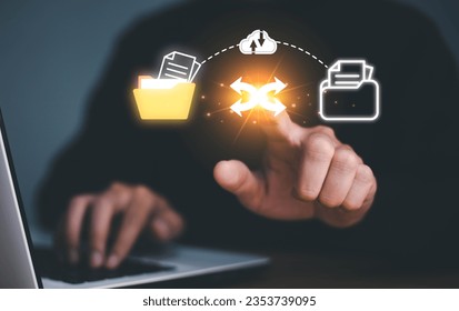 Data transfer through cloud technology Exchange data with modern internet technology that is fast and secure Internal document backup on online databases. Cloud technology. Data storage.