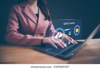 Data transfer through cloud technology exchange data with modern internet technology is fast and secure. Concept of database management cloud computing, download and upload document for business.
