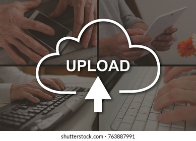 Data upload concept illustrated by pictures on background
