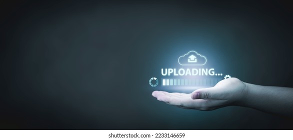 Data upload with modern technology operating system, big data transmission network, data transfer by icloud system, IT team software, digital software development with large storage space.
