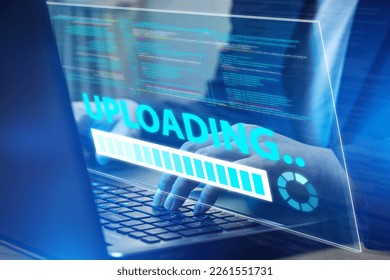 Data uploading with modern technology operating system, large data transmission network, file transfer protocol (FTP). digital software development and computer data storage.