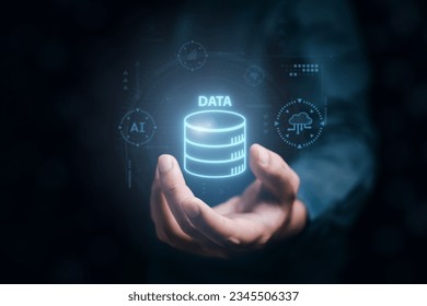 Data visualization, data analyst and storage virtual hologram icon on screen background.