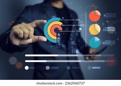 Data visualization chart to record collect data and summarization before investment on business. Businessman touch on donut chart to analyse information to data summary by category segment