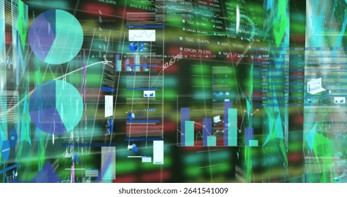 Data visualization dashboard displaying pie charts, bar and line charts and numeric readout. Analytics, finance, technology, futurism, digital, interface, data