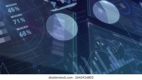 Data visualization running in virtual dashboard, with pie charts line charts and percentage labels. Analytics, infographics, digital interface, dashboard, business intelligence, corporate, screen