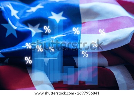 Data visualizations showing economic growth percentages are layered over the American flag, symbolizing national pride and financial analysis during a business gathering.