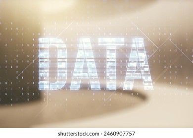 Data word hologram on empty room interior background, big data and blockchain concept. Multiexposure