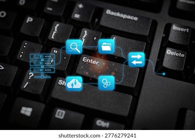 Data workflow concept on computer keyboard with digital icons, representing cloud computing, data transfer, system integration, storage management, and modern information technology processes.