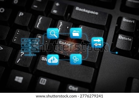 Data workflow concept on computer keyboard with digital icons, representing cloud computing, data transfer, system integration, storage management, and modern information technology processes.