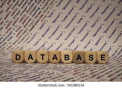 database - cube with letters and words from the computer, software, internet categories, wooden cubes