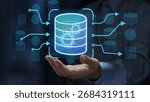 Database and datastore. Data migration and transformation. Engineer holding database icons in data flow diagram.