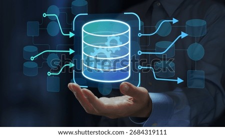 Database and datastore. Data migration and transformation. Engineer holding database icons in data flow diagram.