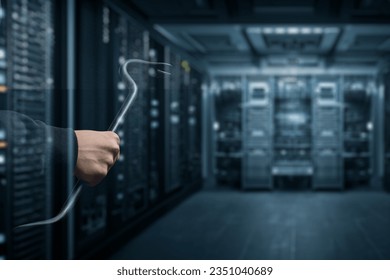 Database hacking concept. Burglar with a tool on the background of the server room.