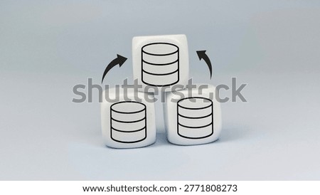 Database Icons with Arrows Representing Data Migration, Server Backup, Synchronization, Storage Network Transfer and Digital Infrastructure. 