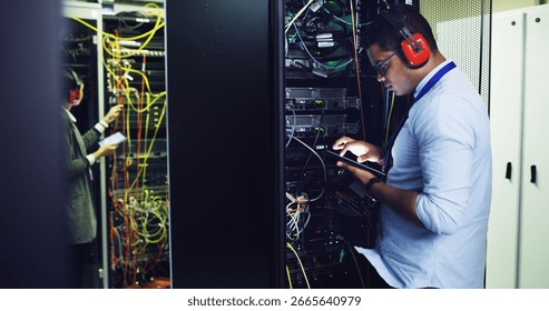 Database, inspection and tablet with IT professional in server room for cybersecurity support. App, infrastructure and maintenance with people in networking hub for service or technical engineering