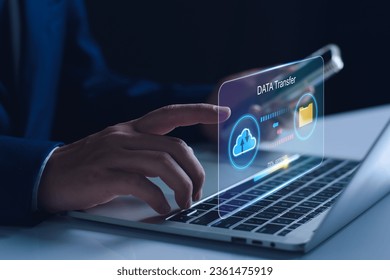 Database management cloud computing and data center security file document transfer concept, Businessman transfer data online security system in business work company. Download and upload data