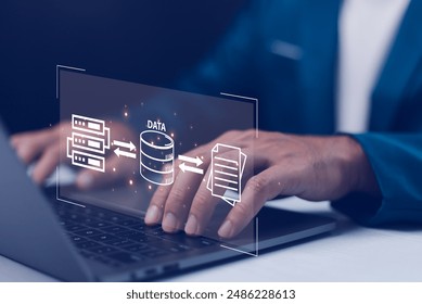 Database management cloud computing or data center, file document transfer or business administrator. File Transfer Protocol files receiver and computer, transfer data between folder, Backup data.