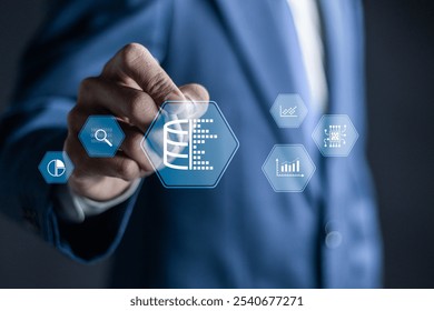 Database management concept, Big data, data analytics and AI technology. Businessman touching database management icon on virtual screen.