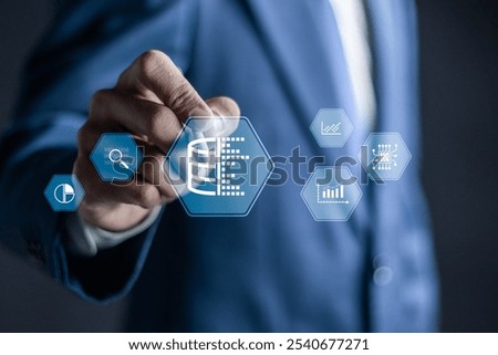 Database management concept, Big data, data analytics and AI technology. Businessman touching database management icon on virtual screen.