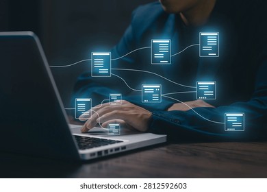 Database network management concept with connected digital documents and data flow on laptop, representing cloud storage, information architecture, system integration and business technology.