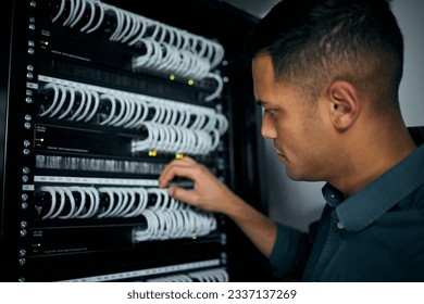 Database, server room and engineer with man for maintenance, programmer and cyber security. Technology, developer and it solution with closeup of person for cloud computing, coding and software - Powered by Shutterstock - Get 15% off with code: PIKWIZARD15