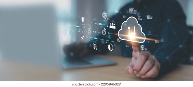 Database storage cloud technology file data transfer sharing, cyber, big data information for financial online marketing, internet banking application or computer download upload backup cloud drive.