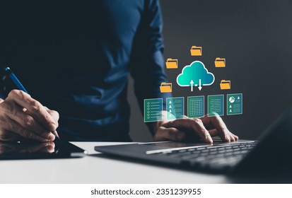 Database storage cloud technology file data transfer sharing, cyber, big data information for financial online marketing, internet banking application or computer download upload backup cloud drive.