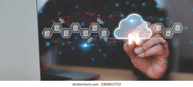 Database storage cloud technology file data transfer sharing, cyber, big data information for financial online marketing, internet banking application or computer download upload backup cloud drive.