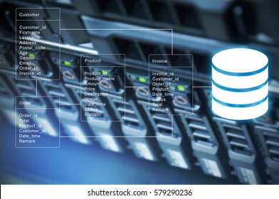Database table with server storage and network in datacenter background - Shutterstock ID 579290236